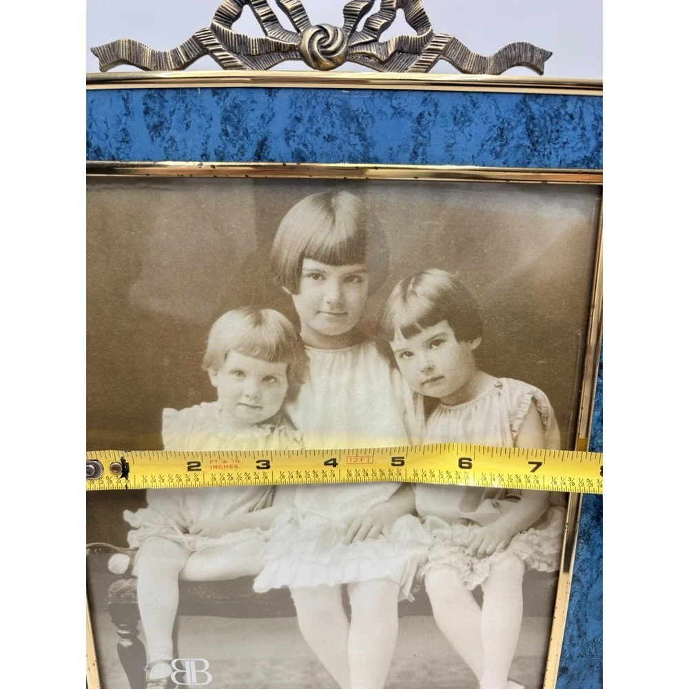 Burnes Blue Faux Marble Picture Frame 8x10 Brass Tone Ribbon Bow Korea